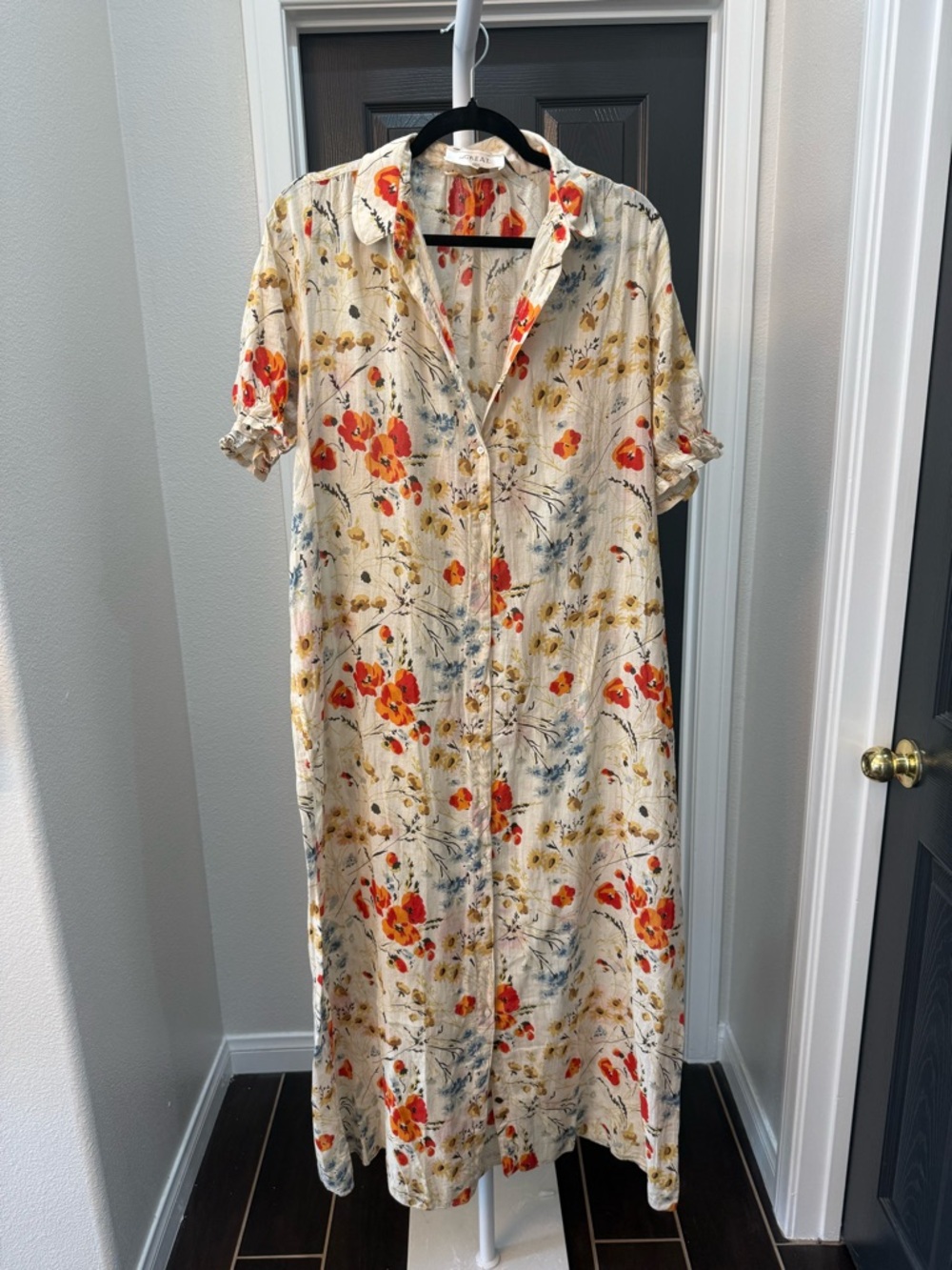 THE GREAT. Cream Maxi Dress with Red and Yellow Floral Print